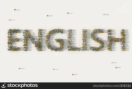 Large group of people forming English lettering text in social media and community concept on white background. 3d sign of crowd illustration from above gathered together