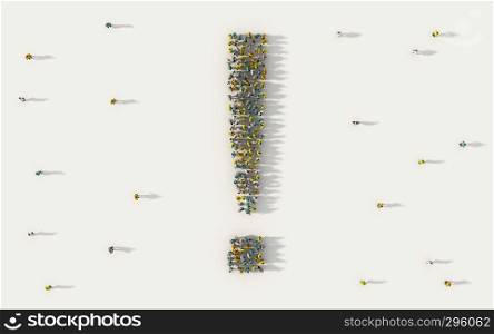 Large group of people forming Exclamation mark symbol in social media and community concept on white background. 3d sign of crowd illustration from above gathered together