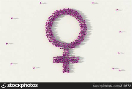 Large group of people forming female symbol in social media and community concept on white background. 3d sign of crowd illustration from above gathered together