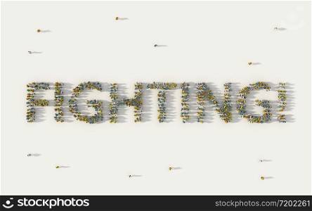 Large group of people forming Fighting lettering text in social media and community concept on white background. 3d sign of crowd illustration from above gathered together