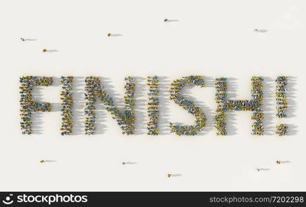 Large group of people forming Finish lettering text in social media and community concept on white background. 3d sign of crowd illustration from above gathered together