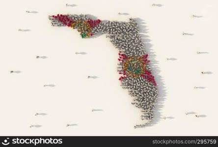 Large group of people forming Florida flag map in The United States of America in social media and community concept on white background. 3d sign symbol of crowd illustration from above