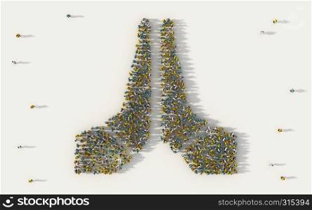 Large group of people forming folded hands icon in social media and community concept on white background. 3d sign of crowd illustration from above gathered together