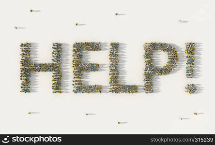 Large group of people forming Help lettering text in social media and community concept on white background. 3d sign of crowd illustration from above gathered together