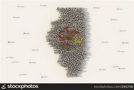 Large group of people forming Illinois flag map in The United States of America in social media and community concept on white background. 3d sign symbol of crowd illustration from above