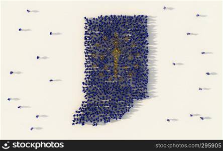 Large group of people forming Indiana flag map in The United States of America in social media and community concept on white background. 3d sign symbol of crowd illustration from above