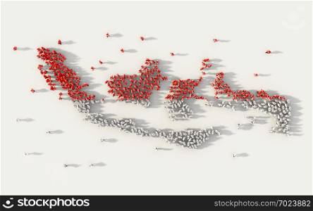 Large group of people forming Indonesia map and national flag in social media and communication concept on white background. 3d sign symbol of crowd illustration from above gathered together