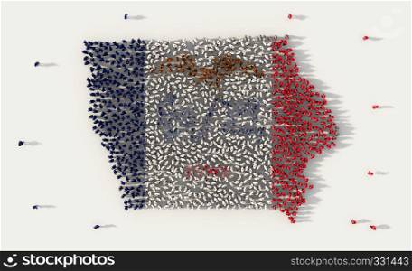 Large group of people forming Iowa flag map in The United States of America, USA, in social media and community concept on white background. 3d sign symbol of crowd illustration from above