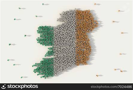 Large group of people forming Ireland map and national flag in social media and communication concept on white background. 3d sign symbol of crowd illustration from above gathered together