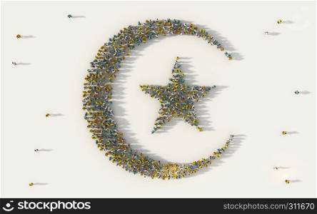 Large group of people forming Islam or muslim symbol in social media and community concept on white background. 3d sign of crowd illustration from above gathered together