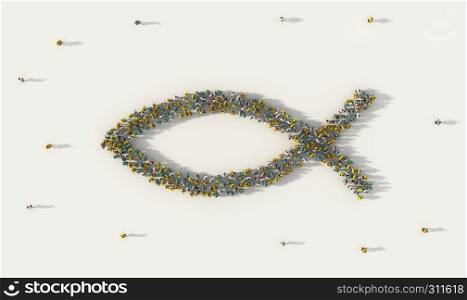 Large group of people forming Jesus Fish symbol in social media and community concept on white background. 3d sign of crowd illustration from above gathered together