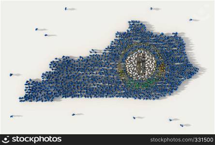 Large group of people forming Kentucky flag map in The United States of America, USA, in social media and community concept on white background. 3d sign symbol of crowd illustration from above