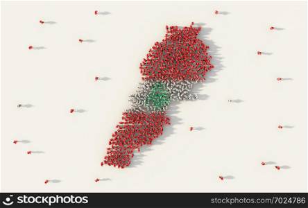 Large group of people forming Lebanon map and national flag in social media and community concept on white background. 3d sign symbol of crowd illustration from above gathered together
