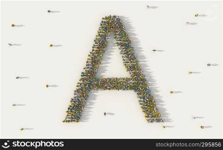 Large group of people forming letter A, capital English alphabet text character in social media and community concept on white background. 3d sign symbol of crowd illustration from above
