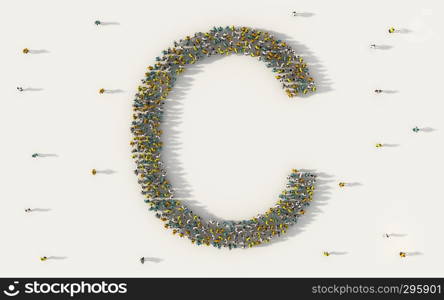 Large group of people forming letter C, capital English alphabet text character in social media and community concept on white background. 3d sign symbol of crowd illustration from above