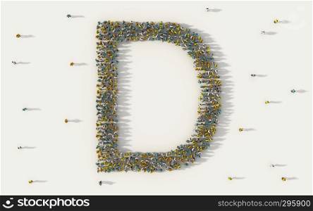 Large group of people forming letter D, capital English alphabet text character in social media and community concept on white background. 3d sign symbol of crowd illustration from above