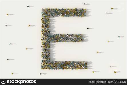 Large group of people forming letter E, capital English alphabet text character in social media and community concept on white background. 3d sign symbol of crowd illustration from above