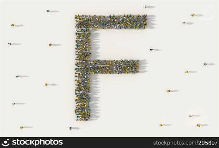 Large group of people forming letter F, capital English alphabet text character in social media and community concept on white background. 3d sign symbol of crowd illustration from above