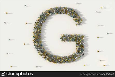 Large group of people forming letter G, capital English alphabet text character in social media and community concept on white background. 3d sign symbol of crowd illustration from above
