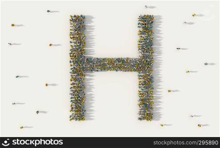 Large group of people forming letter H, capital English alphabet text character in social media and community concept on white background. 3d sign symbol of crowd illustration from above