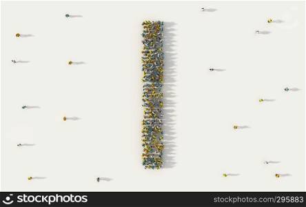 Large group of people forming letter I, capital English alphabet text character in social media and community concept on white background. 3d sign symbol of crowd illustration from above