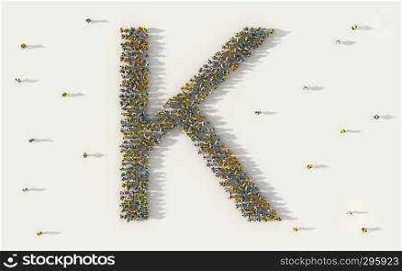 Large group of people forming letter K, capital English alphabet text character in social media and community concept on white background. 3d sign symbol of crowd illustration from above