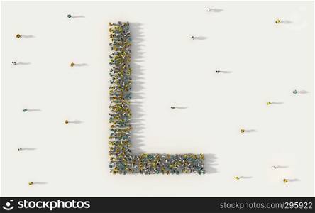 Large group of people forming letter L, capital English alphabet text character in social media and community concept on white background. 3d sign symbol of crowd illustration from above