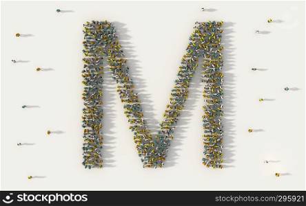 Large group of people forming letter M, capital English alphabet text character in social media and community concept on white background. 3d sign symbol of crowd illustration from above