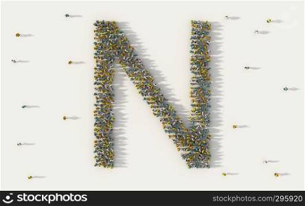 Large group of people forming letter N, capital English alphabet text character in social media and community concept on white background. 3d sign symbol of crowd illustration from above
