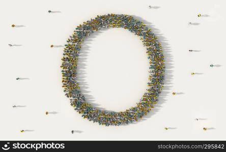 Large group of people forming letter O, capital English alphabet text character in social media and community concept on white background. 3d sign symbol of crowd illustration from above