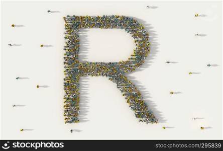 Large group of people forming letter R, capital English alphabet text character in social media and community concept on white background. 3d sign symbol of crowd illustration from above