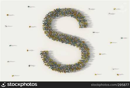 Large group of people forming letter S, capital English alphabet text character in social media and community concept on white background. 3d sign symbol of crowd illustration from above