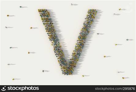 Large group of people forming letter V, capital English alphabet text character in social media and community concept on white background. 3d sign symbol of crowd illustration from above