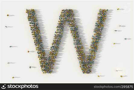 Large group of people forming letter W, capital English alphabet text character in social media and community concept on white background. 3d sign symbol of crowd illustration from above