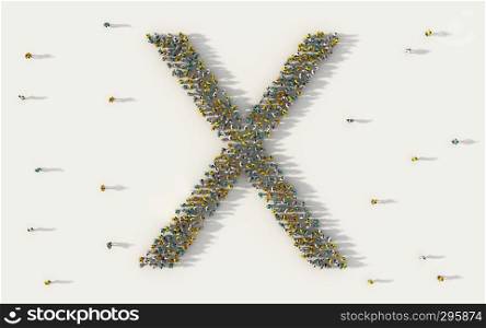 Large group of people forming letter X, capital English alphabet text character in social media and community concept on white background. 3d sign symbol of crowd illustration from above