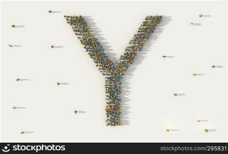 Large group of people forming letter Y, capital English alphabet text character in social media and community concept on white background. 3d sign symbol of crowd illustration from above