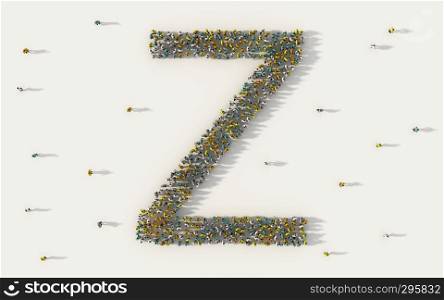 Large group of people forming letter Z, capital English alphabet text character in social media and community concept on white background. 3d sign symbol of crowd illustration from above