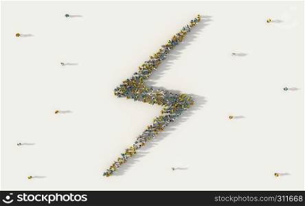 Large group of people forming lightning bolt symbol in social media and community concept on white background. 3d sign of crowd illustration from above gathered together