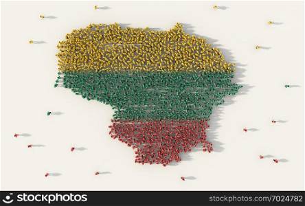 Large group of people forming Lithuania map and national flag in social media and community concept on white background. 3d sign symbol of crowd illustration from above gathered together