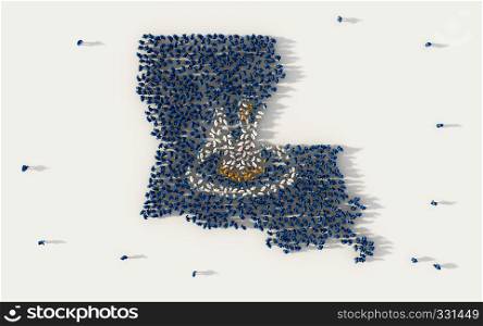 Large group of people forming Louisiana flag map in The United States of America, USA, in social media and community concept on white background. 3d sign symbol of crowd illustration from above