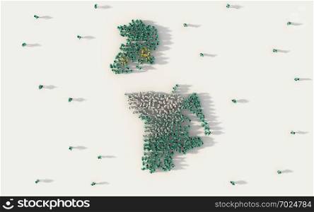 Large group of people forming Macau map and national flag in social media and community concept on white background. 3d sign symbol of crowd illustration from above gathered together