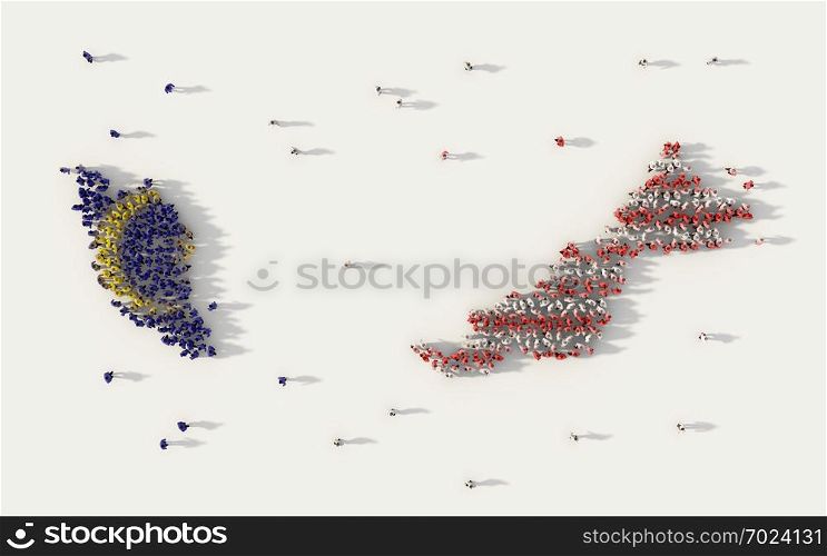 Large group of people forming Malaysia map and national flag in social media and communication concept on white background. 3d sign symbol of crowd illustration from above gathered together