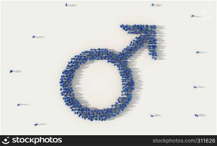 Large group of people forming male symbol in social media and community concept on white background. 3d sign of crowd illustration from above gathered together