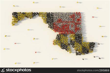 Large group of people forming Maryland flag map in The United States of America in social media and community concept on white background. 3d sign symbol of crowd illustration from above