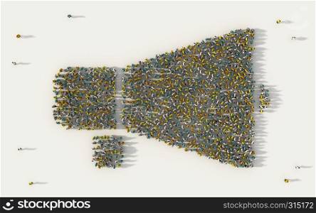 Large group of people forming Megaphone icon in social media and community concept on white background. 3d sign of crowd illustration from above gathered together
