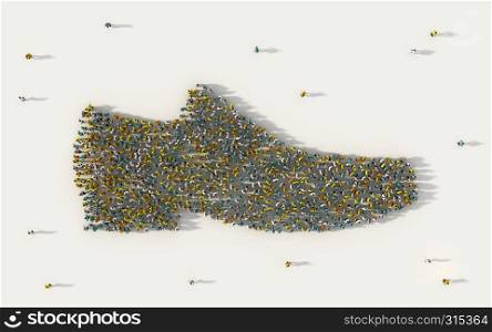 Large group of people forming men shoes symbol in social media and community concept on white background. 3d sign of crowd illustration from above gathered together