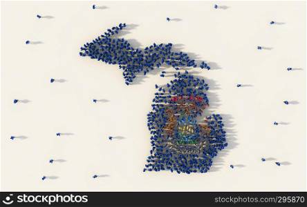 Large group of people forming Michigan flag map in The United States of America in social media and community concept on white background. 3d sign symbol of crowd illustration from above
