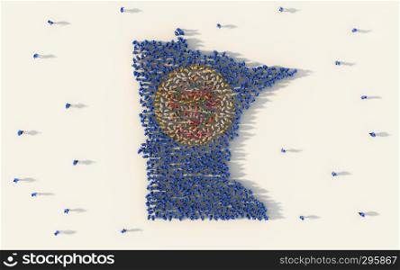 Large group of people forming Minnesota flag map in The United States of America in social media and community concept on white background. 3d sign symbol of crowd illustration from above