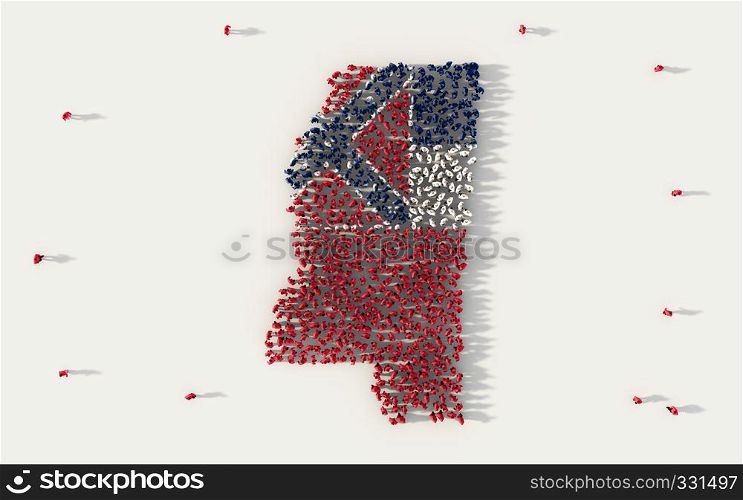 Large group of people forming Mississippi flag map in The United States of America, USA, in social media and community concept on white background. 3d sign symbol of crowd illustration from above