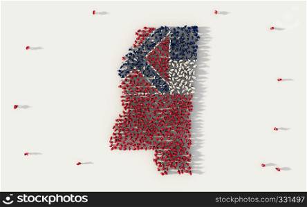 Large group of people forming Mississippi flag map in The United States of America, USA, in social media and community concept on white background. 3d sign symbol of crowd illustration from above